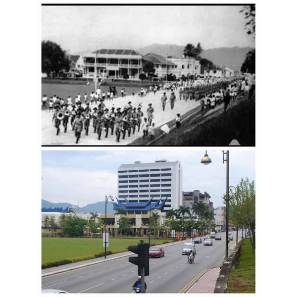 (Top) St. Paul's Institution and the old Negeri Sembilan Clubhouse along then Paul Street. (Below) The current MPS field and Seremban Town Hall building at Jalan Yam Tuan.