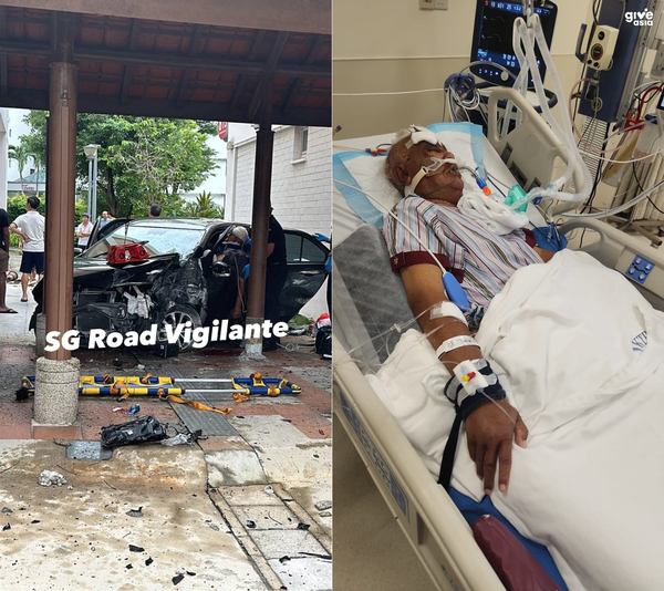 A photo of the crash (left) and Nizam's father in the ICU (right).