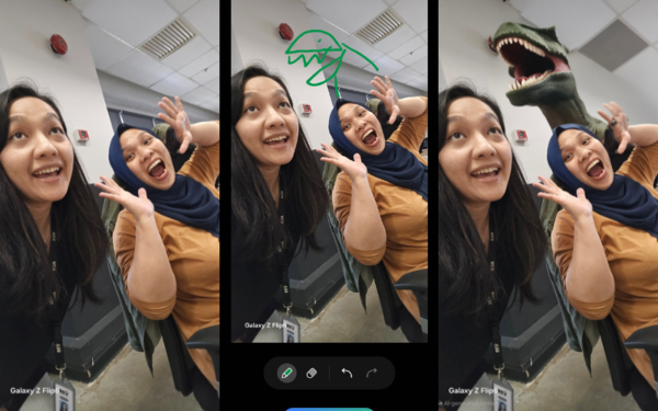 From left: the original photo we took, the crude dinosaur doodle we added, the final AI-generated dinosaur.