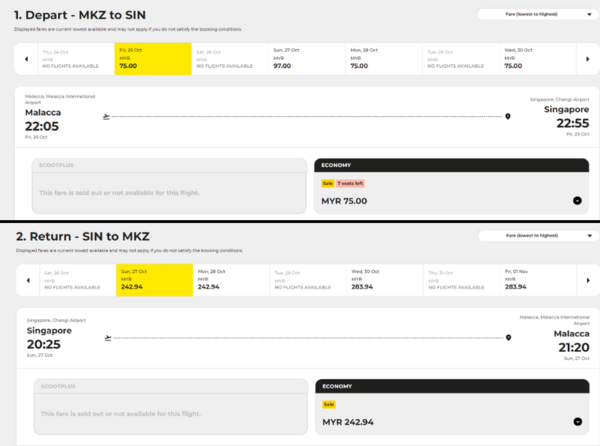 An estimate for a round-trip for the Melaka-Singapore route.