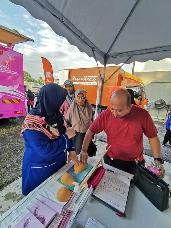 Both men and women being taught how to check breasts for abnormalities.