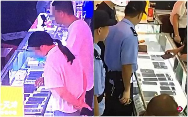 The couple (left photo) is seen trying to sell the iPhone, while the student (right photo) is shown with the police after tracking the device to the store.