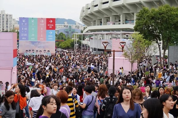 A large crowd attending a BTS concert in Seoul in 2018.