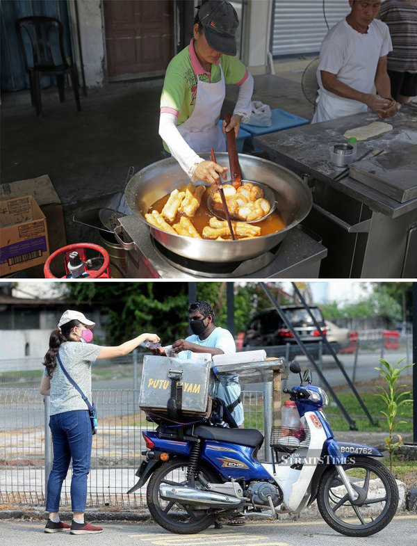 A collage photo showing a Chinese vendor (top) selling cakoi and an Indian vendor (bottom) selling putu mayam.