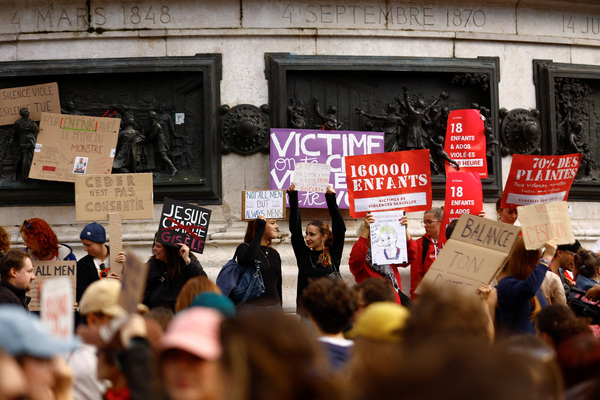 People attend a demonstration in support of rape victims and Gisele Pelicot, who was allegedly drugged and raped by men solicited by her husband Dominique Pelicot, as the trial continues, at the Place de la Republique in Paris, France, 14 September.