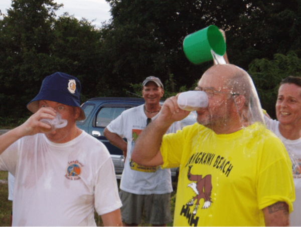 A down-down is a means of punishing, rewarding, or merely recognising an individual for any action. The individual drinks beer while getting doused with water.