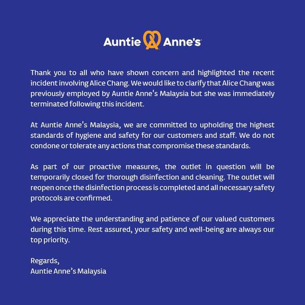 Public Announcement from Auntie Anne's Malaysia. Outlet Midvalley KL, Level 3.