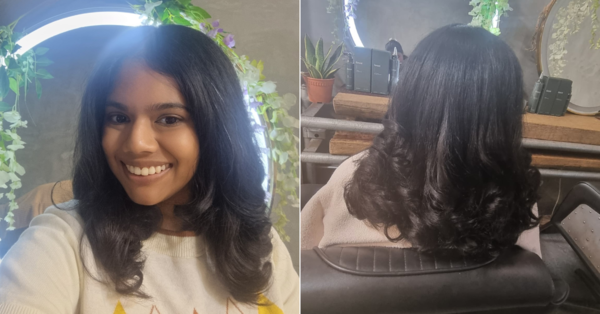 Front and back views of my hair after it was blow-dried and styled.