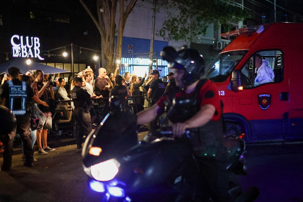 A firefighter ambulance transporting the body of Liam Payne, former One Direction member, who was found dead in a hotel in Buenos Aires, Argentina.