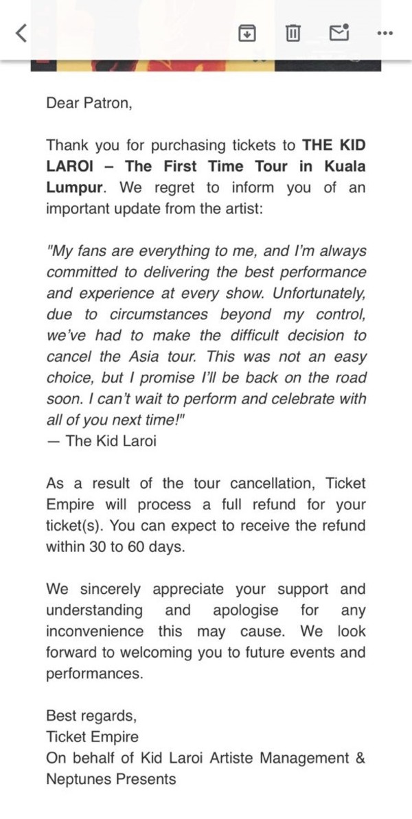 A screenshot of Ticket Empire's email from a ticket buyer.