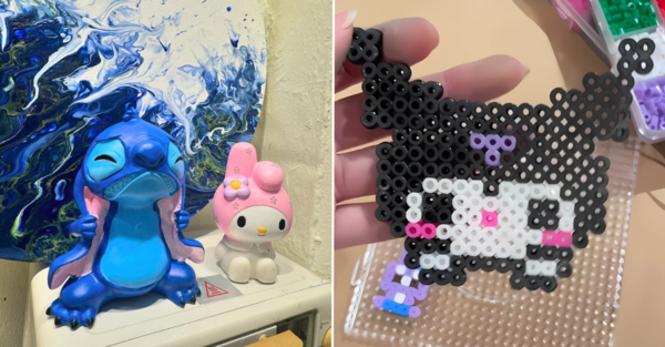 Adorable painted coin banks (left) and a 'Kuromi' bead design (right).