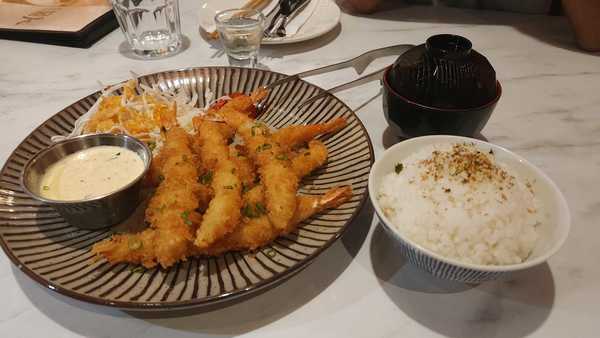 Unlimited refills of rice, soup, and cabbage come with the beef katsu.