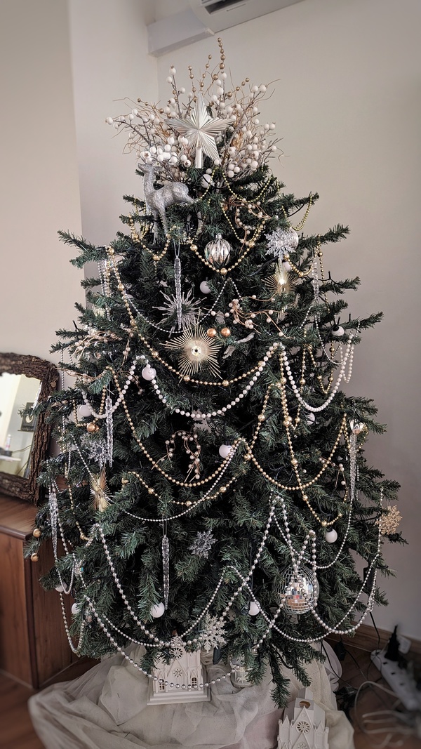 The tree she decorated with ping pong lights.