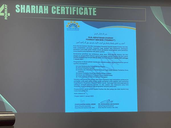 Sijil Kepatuhan Syariah Fourkay daripada Elzar Shariah Solution and Advisory.