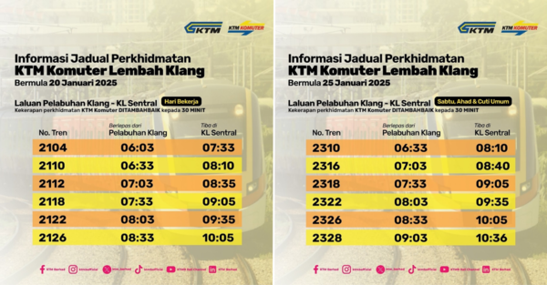 Morning train schedule for weekdays (left) and weekends/public holidays (right).