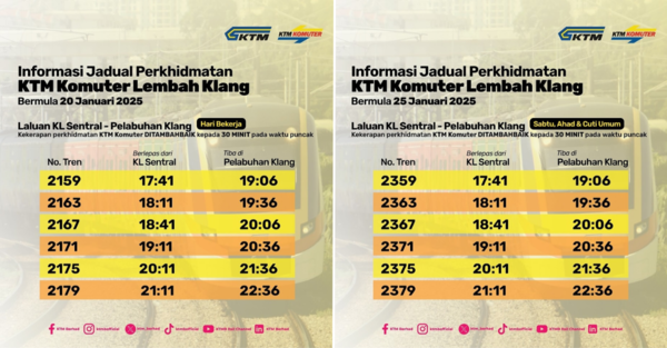 Evening train schedule for weekdays (left) and weekends/public holidays (right).