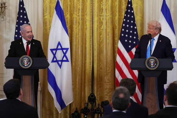 US President Donald Trump and Israeli Prime Minister Benjamin Netanyahu hold a joint press conference in the East Room at the White House in Washington, US on 4 February.