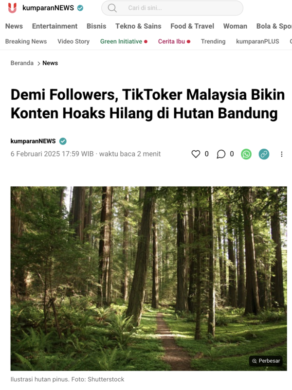 Laporan portal berita tempatan di Indonesia mendedahkan penipuan oleh pempengaruh yang mendakwa rakan hilang ketika penggambaran dalam hutan di Bandung.