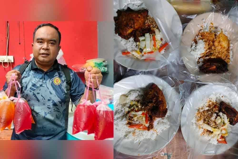 Anggota penguat kuasa menunjukkan air minuman dan makanan yang siap dibungkus sebelum dihantar kepada pelanggan.