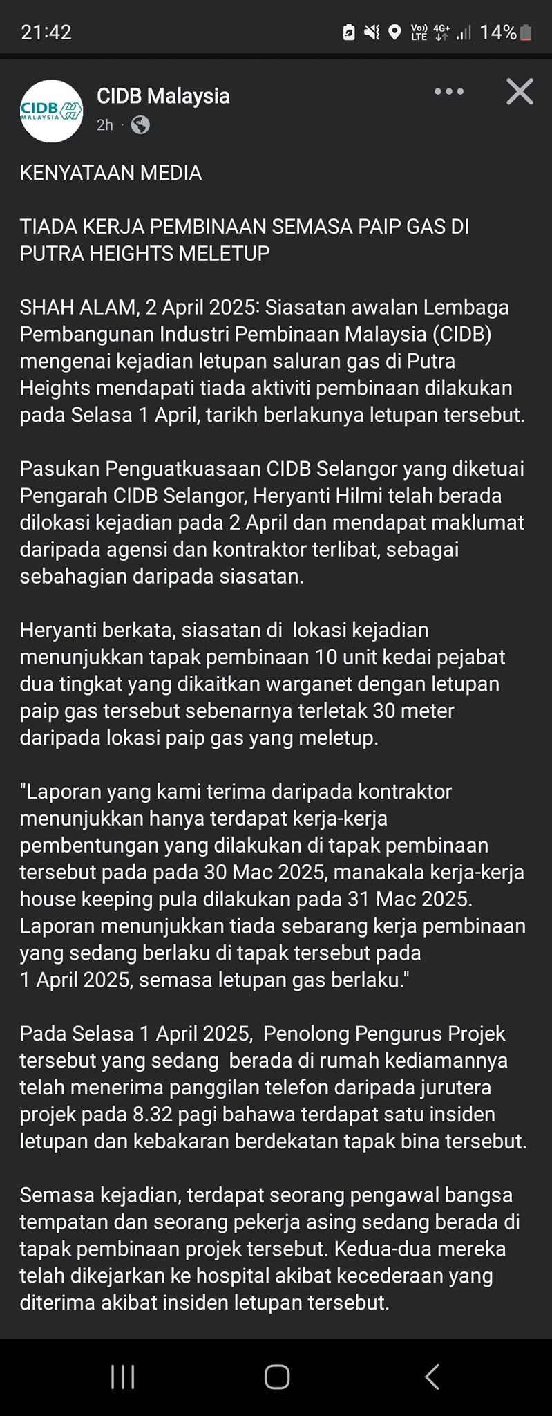 Tangkap layar kenyataan yang telah ditarik kembali oleh CIDB.