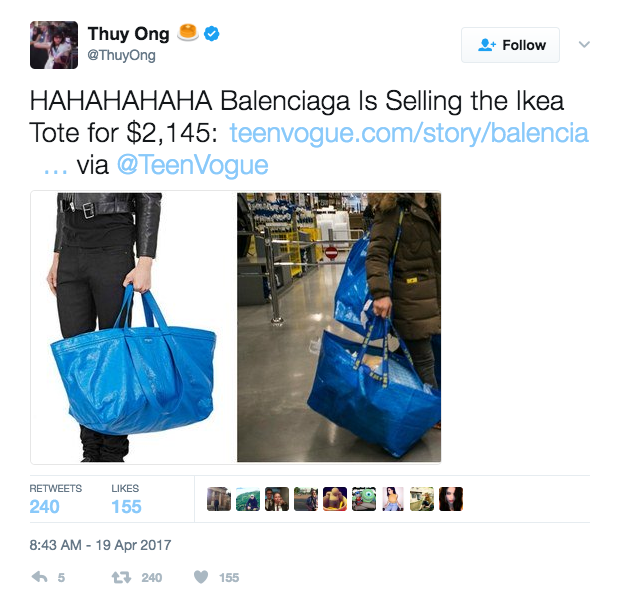 IKEA Provides A Brilliant Response to Balenciaga's £1125 Copy Of Its 40p Tote  Bag — Fashion, Law & Business