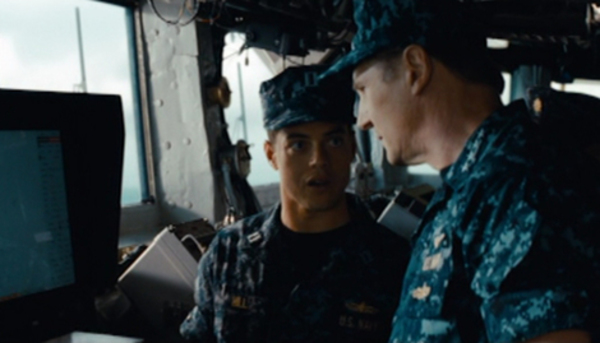 Rami Malek (left) and Liam Neeson (right) in 'Battleship'.