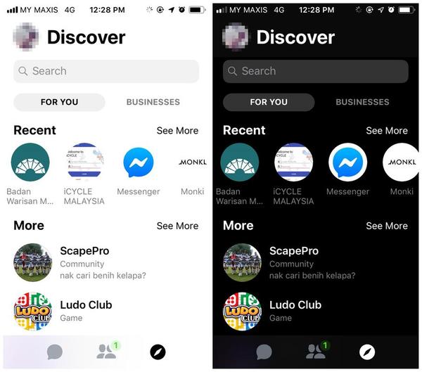 A comparison of the default Messenger (left) vs. in 'Dark Mode'.