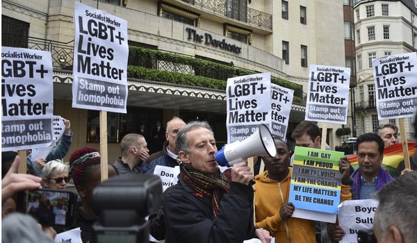 A protest outside The Dorchester Hotel in London, owned by the Bruneian sultan.