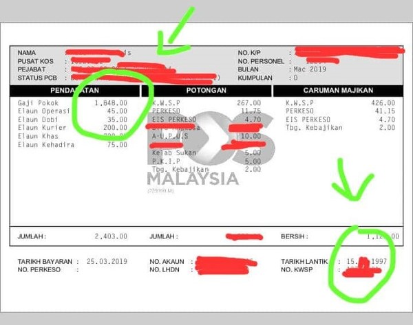 Slip gaji salah seorang posmen di Pos Malaysia.