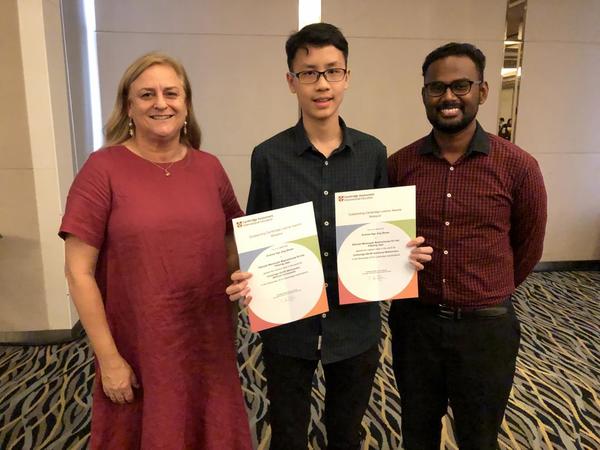 Nge (middle), flanked by Beaconhouse Sri Inai International School executive principal Nicki Coombs and Beaconhouse Add Maths teacher Devarajen Sinanah.