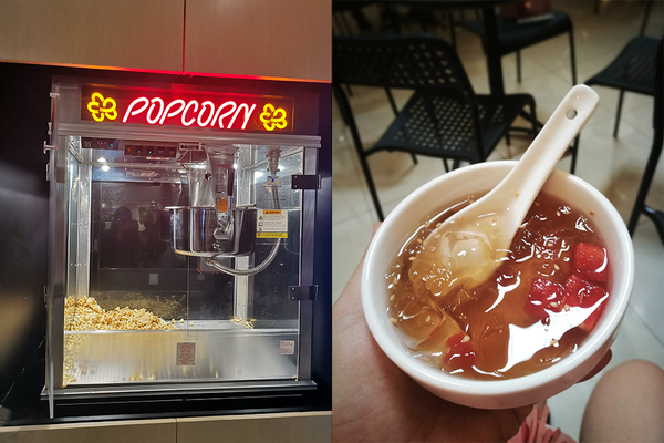 Popcorn machine (left) and refreshing aiyu jelly with watermelon (left).