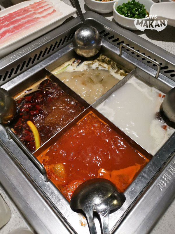 Clockwise from left: Sichuan spicy, Sichuan pickled, Three-Delicacy, and tomato soups.