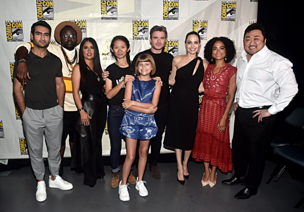 From left: Kumail Nanjiani, Bryan Tyree Henry, Salma Hayek, director Chloe Zhao, Lia McHugh, Richard Madden, Angeline Jolie, Lauren Ridloff, and Don Lee / Ma Dong-seok.