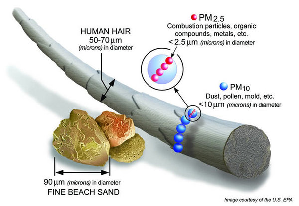 A PM2.5 particle is 3% the diameter of a strand of hair.