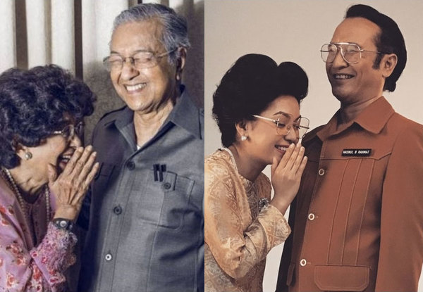 Actress Farah Nadia Zainal Abidin and actor Hasnul Rahmat (right) posing as Dr Siti Hasmah and Dr Mahathir.