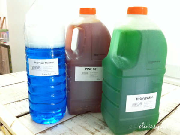 From left: Floor cleaner, Pine gel disinfectant, and dishwashing liquid.