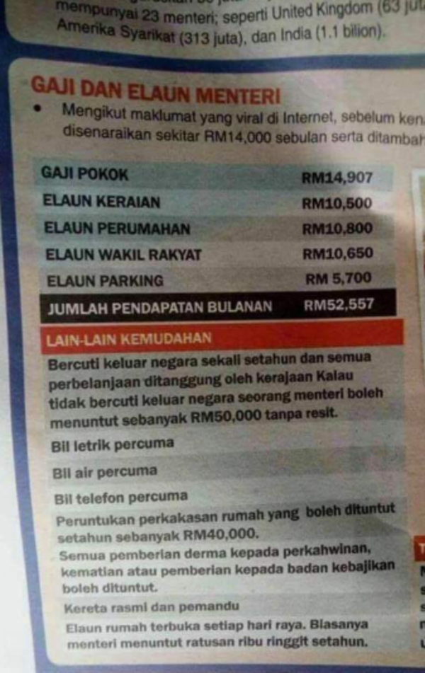 Gaji & elaun menteri yang menjadi perbualan ramai.