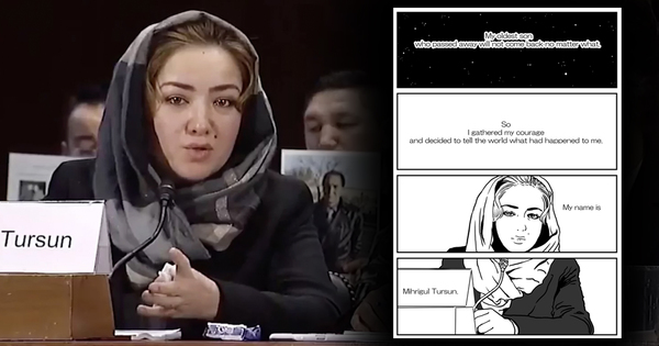 Mihrigul Tursun during her testimony at a US hearing and a panel from the manga "What Has Happened to Me".