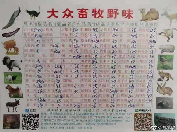 A price list at one of the meat stalls in Huanan Market selling wildlife including wolf, fox, ostrich, camel, squirrel, and many more.