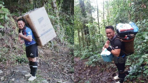 Cikgu Harry carrying the refrigerator in its box (left), and occasionally carrying supplies for the hostel students on the weekends (right).