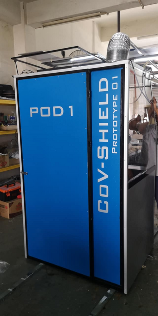 The back of the COVID-19 testing booth that Lim and his team built.