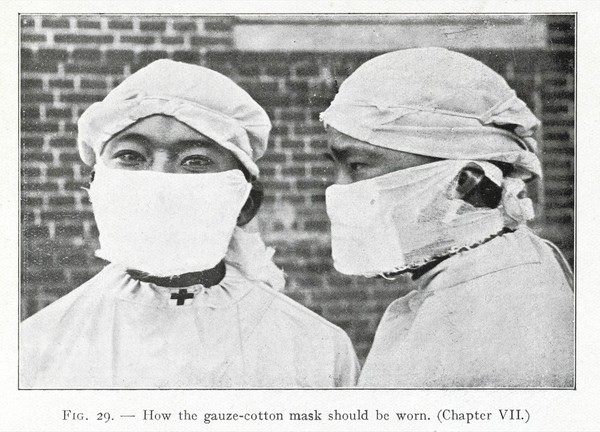 A photograph depicting how the gauze-cotton mask should be worn.