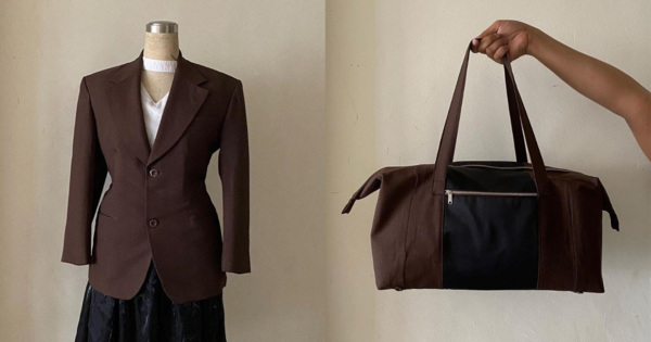 A brown blazer that was repurposed into a duffel bag.