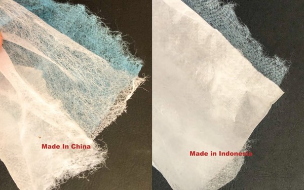 Counterfeit face masks that have porous and cheap tissue-like material.