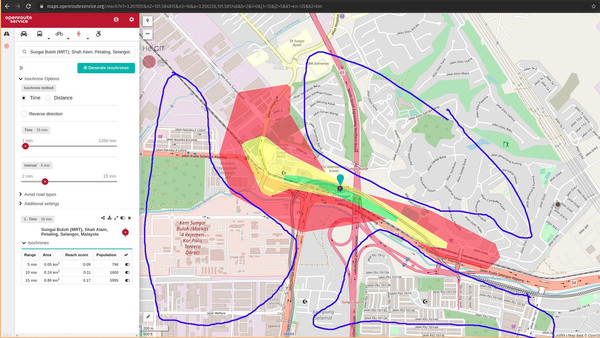 An isochrone map showing the walking coverage of Sungai Buloh MRT station.