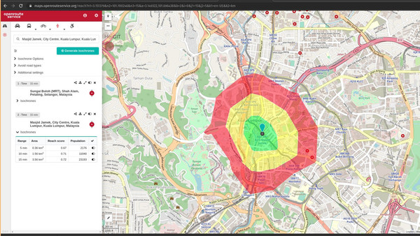 An isochrone map showing the walking coverage of Pasar Seni MRT station.