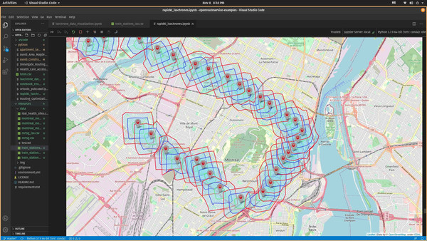 An isochrone map showing the walking coverage of metro stations in Montreal, Canada.