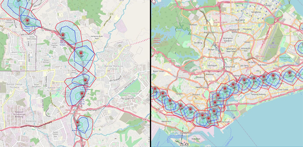 Isochrone maps showing the walking coverage of train stations in Kuala Lumpur and Singapore.