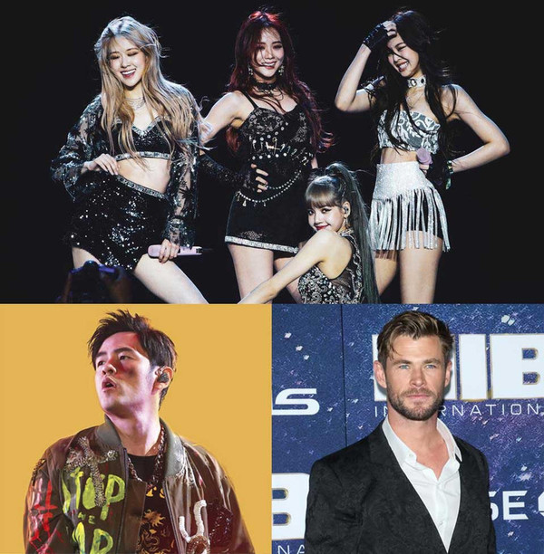 Clockwise from top to bottom: BLACKPINK, Chris Hemsworth, and Jay Chou.