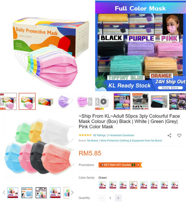 Coloured face masks are widely sold in Malaysia for as low as RM5.85 for 50 pieces.